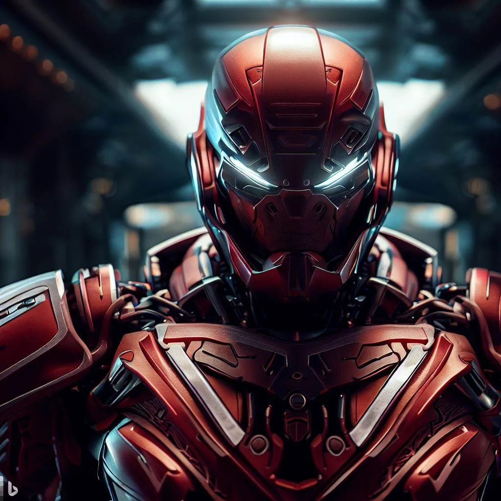Stable Diffusion prompt: ultra-wide photo red sci-fi armor with cyber helmet