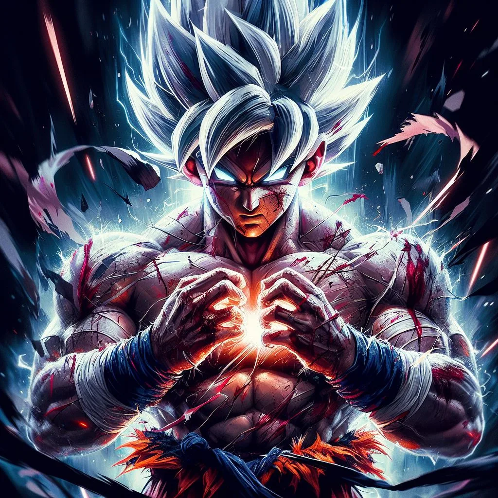 DALL·E prompt: Goku Ultra Instinct with a tough and intense gaze