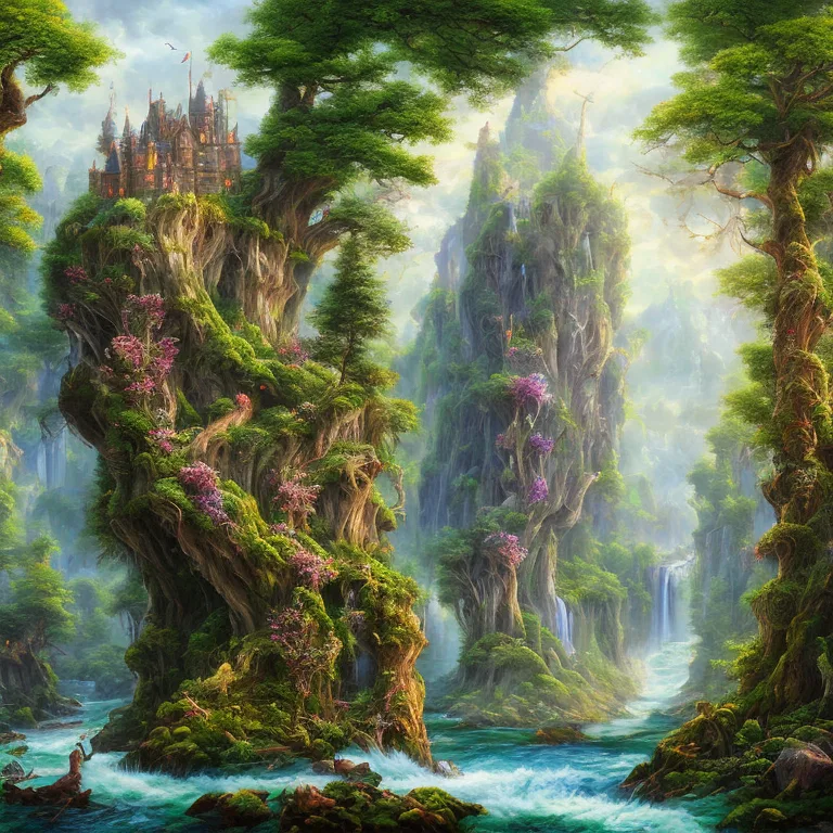 Openjourney prompt: magical fae wild forest city surrounded by cliffs and waterfalls with multicolor trees