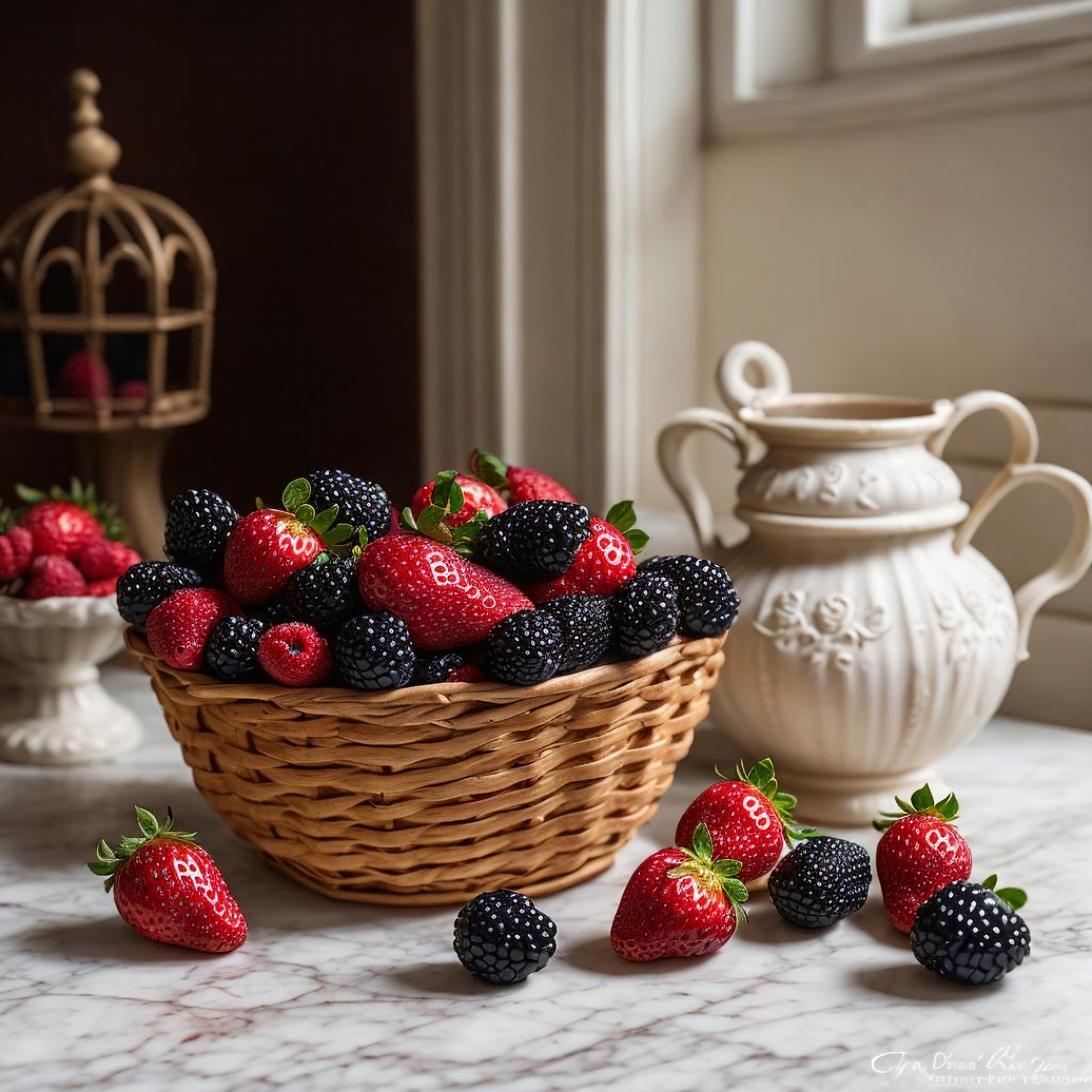 پیشنمایش منبع: Stable Diffusion prompt: Victorian basket of berries: strawberry, blackberr...