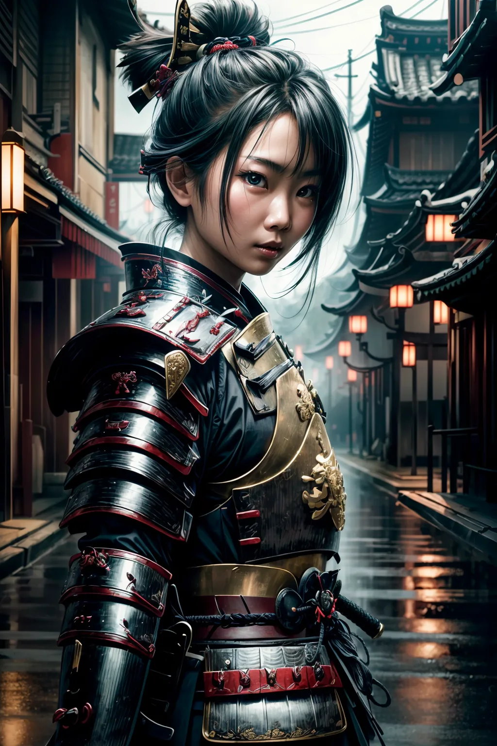Stable Diffusion prompt: (Asian girl wearing intricate samurai armor:1.5)