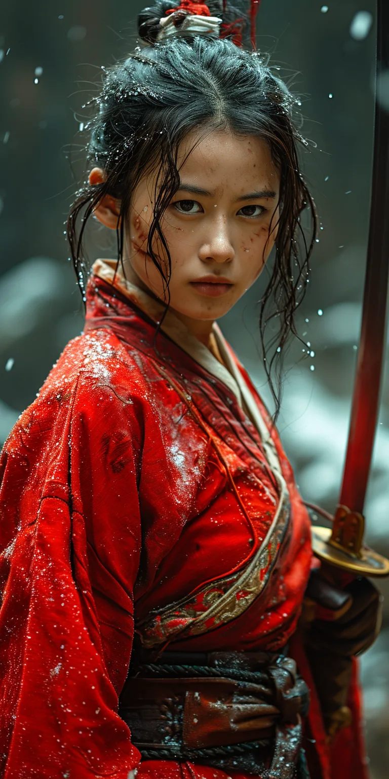 Midjourney prompt: the girl is wielding a sword in the background