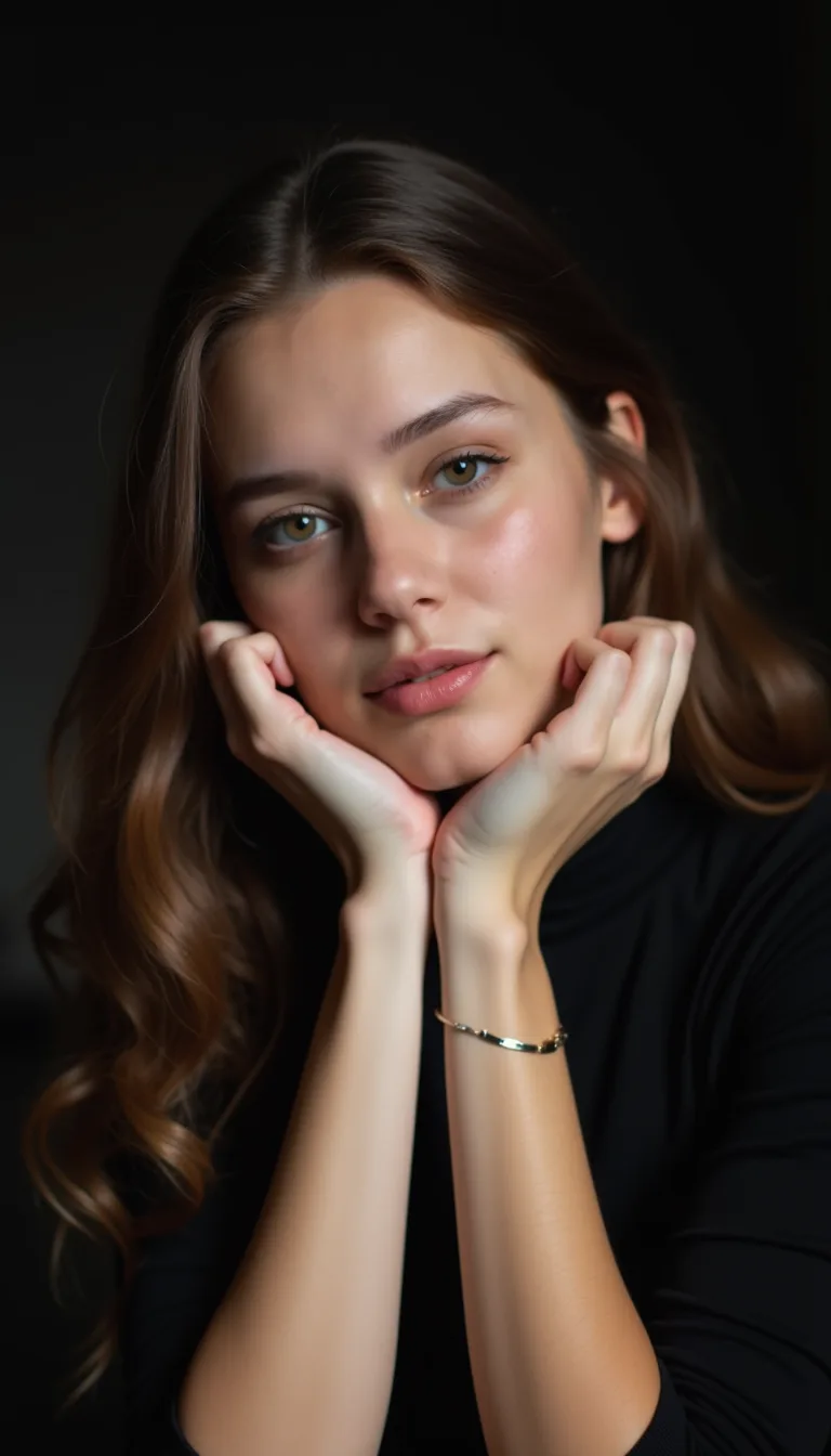FLUX prompt: A young woman with long wavy brunette hair rests her head on her clasped hands. She wears a black top and a delicate bracelet on her left wrist. Her expression is soft and contemplative