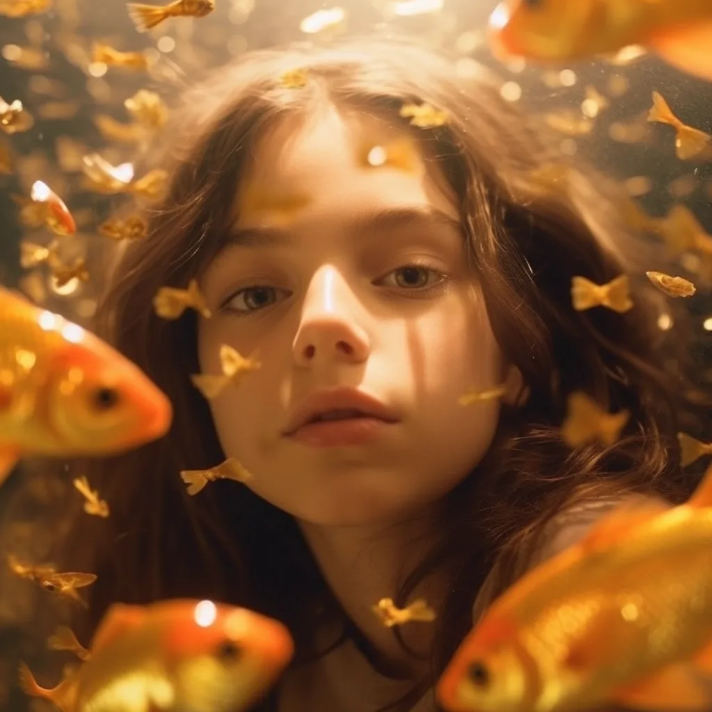 Midjourney prompt: hyper realistic photograph of a girl underwater with school golden fish around