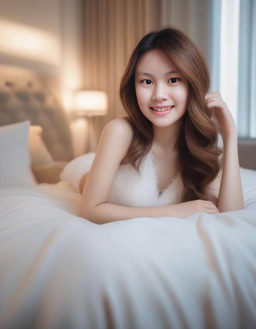 پیشنمایش منبع: DreamShaper prompt: 30 year old woman lying on a white bed, detailed r...