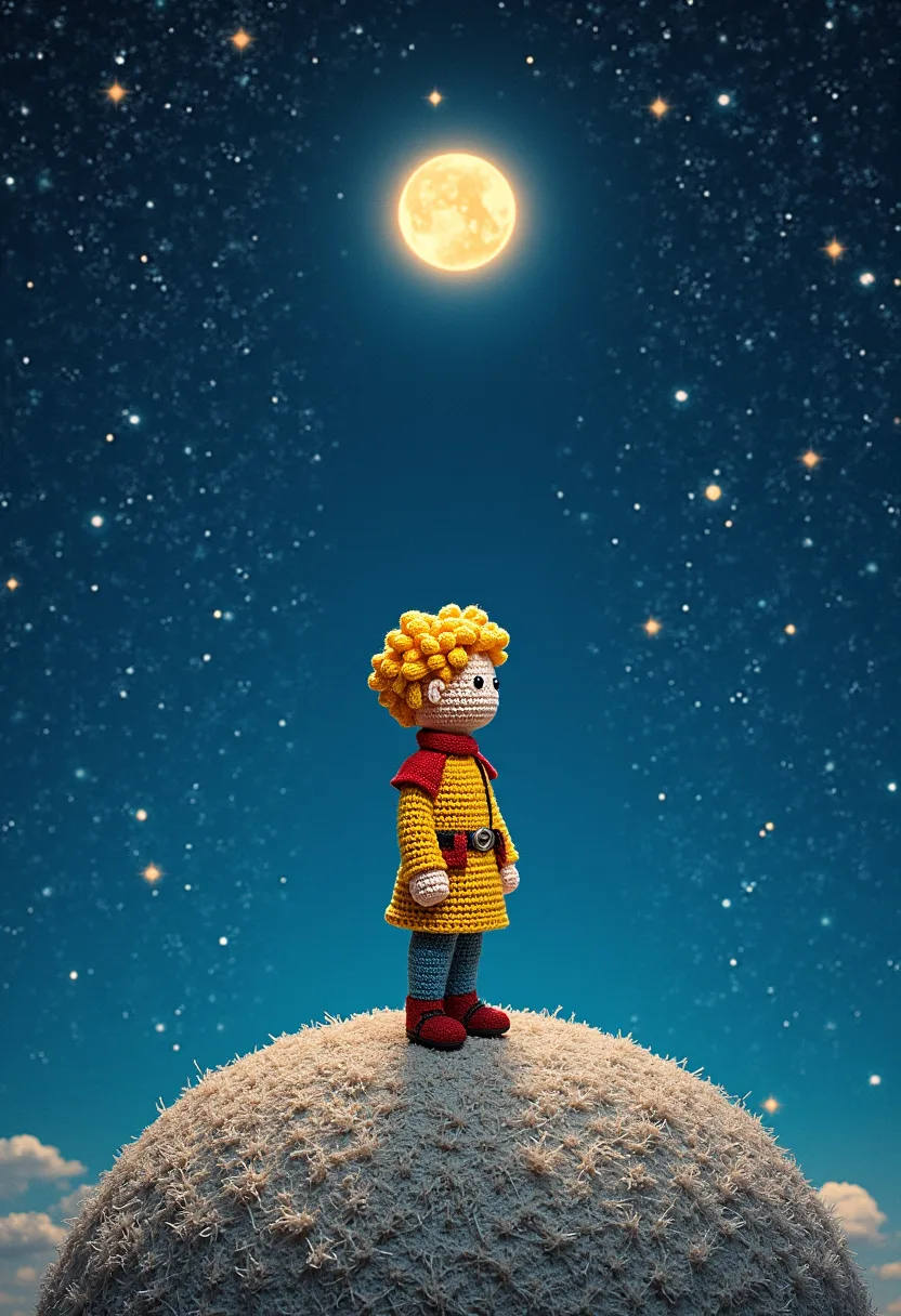FLUX prompt: the little prince standing on small planet in starry sky