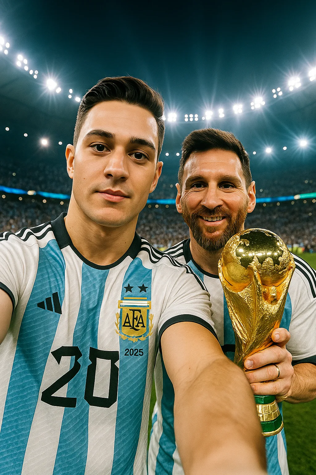 ChatGPT Image prompt: ‏Ultra-realistic vertical selfie. A young man (use the uploaded face and keep the same facial details untouched for a more realistic effect) and Lionel Messi