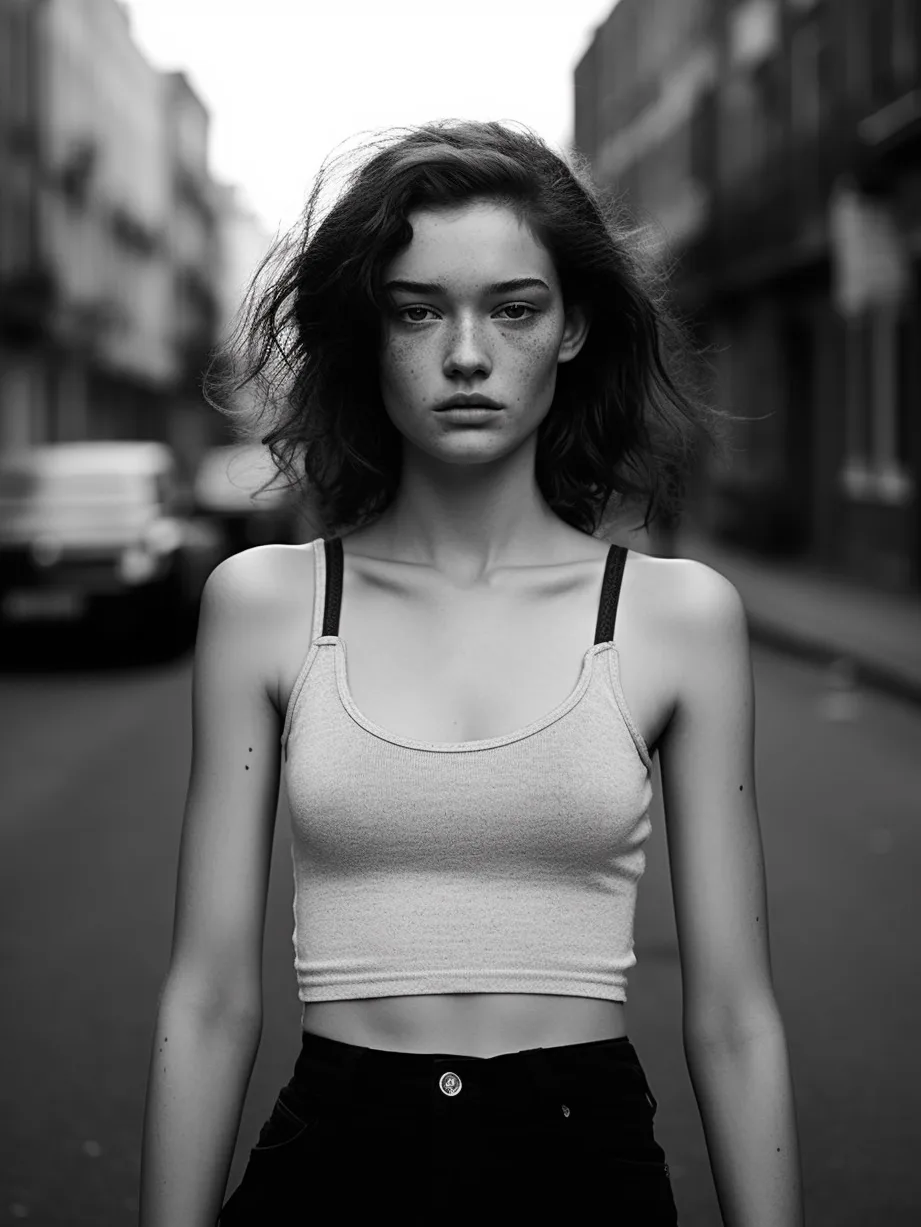 Midjourney prompt: a black and white photo of a woman in a tank top