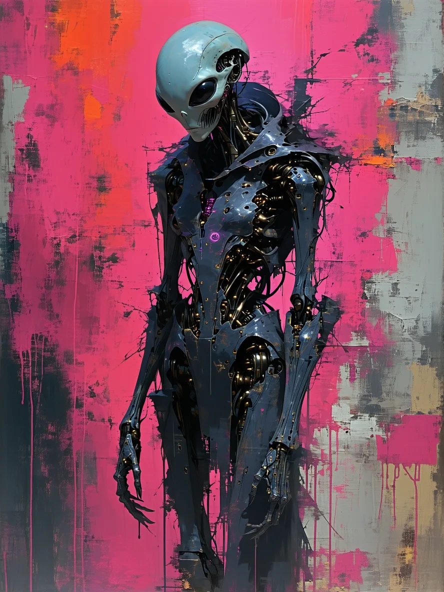 Stable Diffusion prompt: Create a terrifying random distressing image as a mixed media artwork.