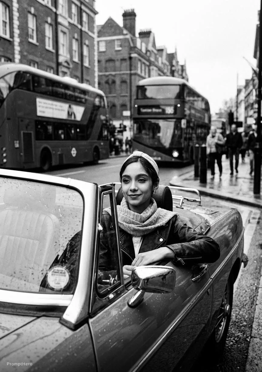 Hero prompt: Black and white street photography of an attractive woman in leather jacket with headscarf sitting inside vintage convertible car