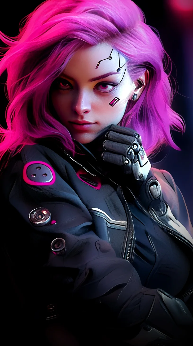 Midjourney prompt: Pretty female android with colored magenta eyes