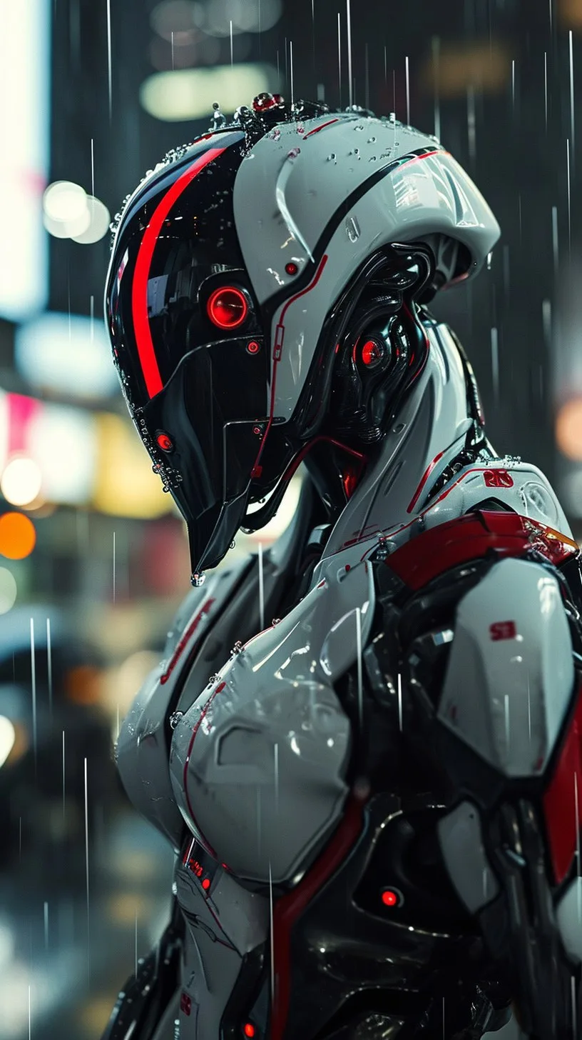 Midjourney prompt: the photo shows a close-up of a humanoid robot or person in an advanced suit of armor. The design is sleek and modern