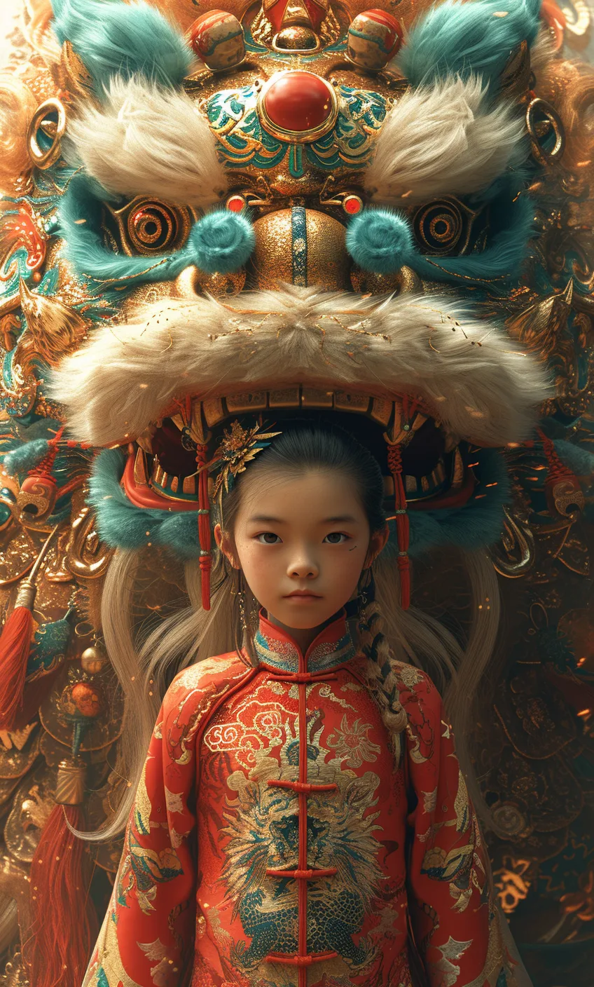 Midjourney prompt: a chinese boy is standing in front of a lunar new year dragon