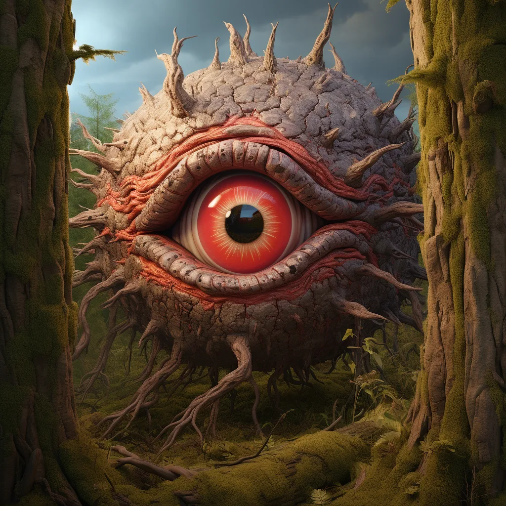 Midjourney prompt: a scary looking wood creature with a red eye