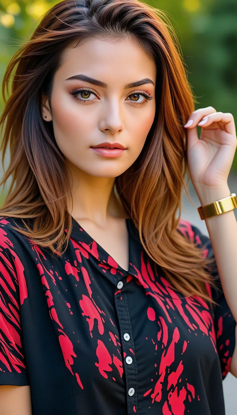 Stable Diffusion prompt: An image of a poised young woman with fair skin and warm undertones. Her facial features are defined by expertly applied makeup