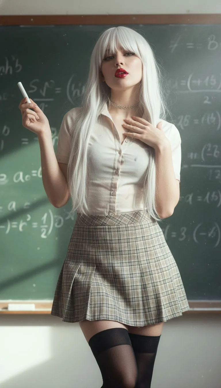 Nano Banana prompt: Alluring math teacher by the blackboard"