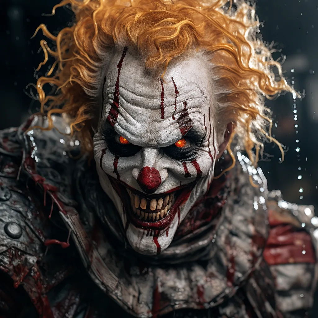 Midjourney prompt: hyper detailed masterpiece photography of a clown with a hellishly evil soul