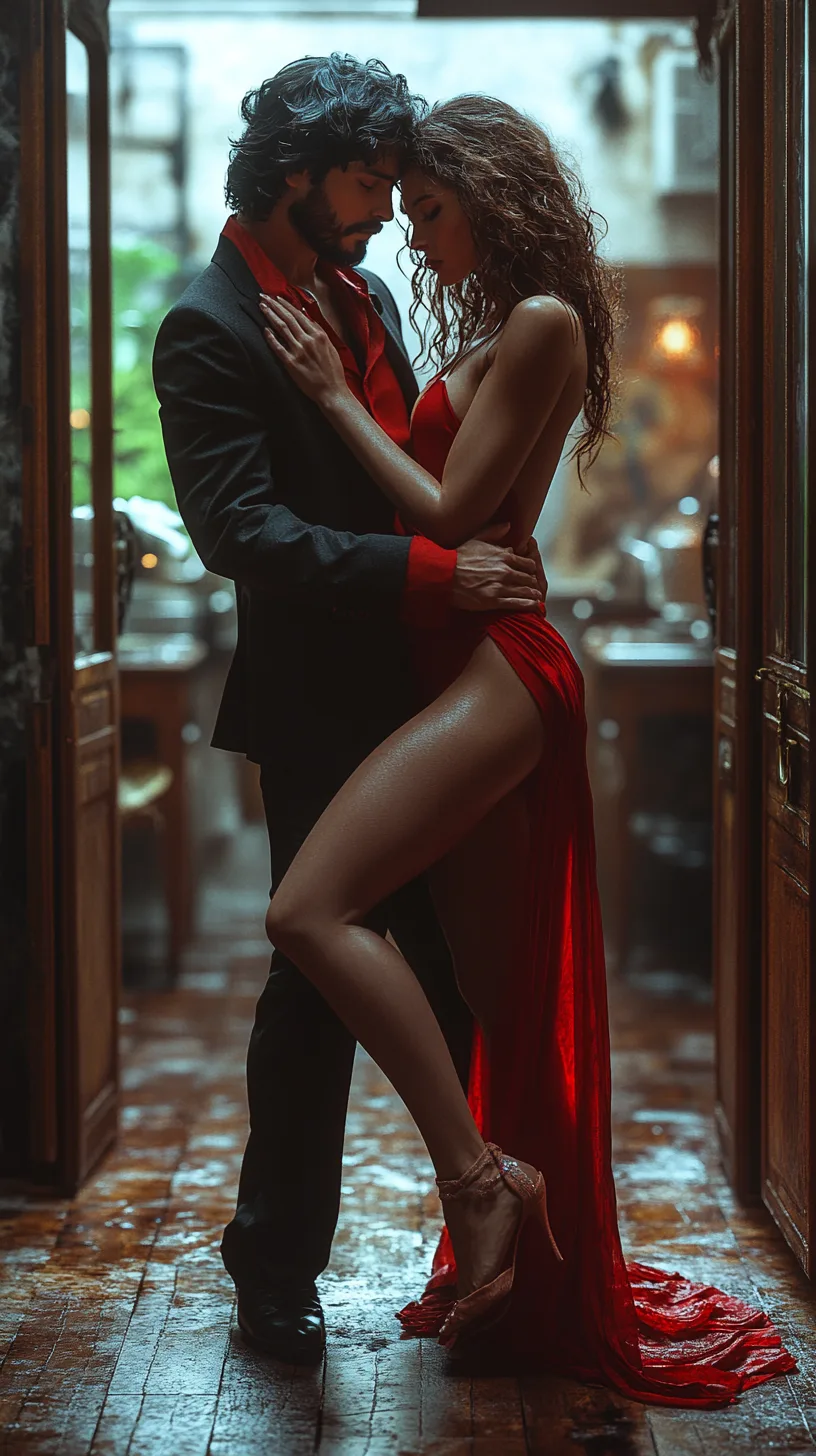 Midjourney prompt: A passionate Argentine tango couple in a dramatic dance position. The man wears a sharp black suit with a deep red shirt
