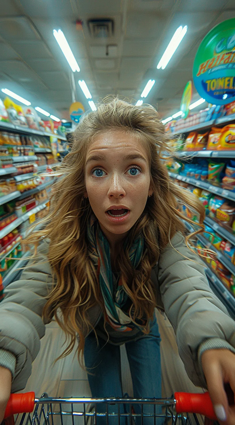 Midjourney prompt: a woman speeding down the aisle of a supermarket