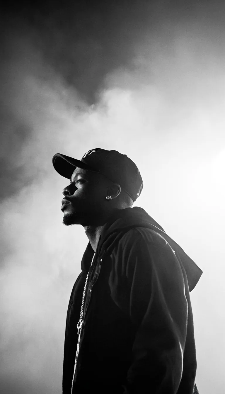 Stable Diffusion prompt: black and white photography of rapper in baseball cap emerging from fog on stage during concert