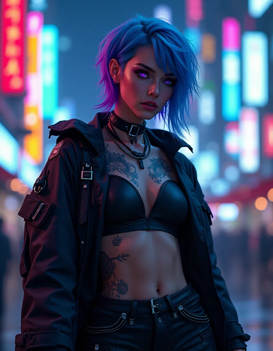 FLUX prompt: A 24-year-old female in a neon-drenched cyberpunk cityscape. She stands 5'8" with a lean