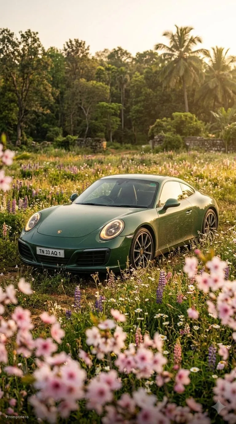 Hero prompt: extremely low shot of a forest green porche 911 in a field of flowers