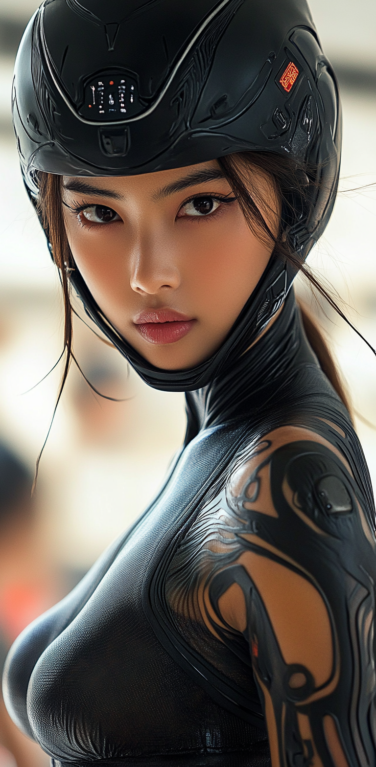 پیشنمایش منبع: Midjourney prompt: Close-up shot of a woman wearing a black latex out...