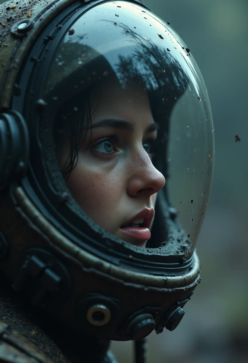 FLUX prompt: an astrounait is looking through her helmet with a horrifying face after a creature is after her. the scene depicts an alien planet with darkness and damp