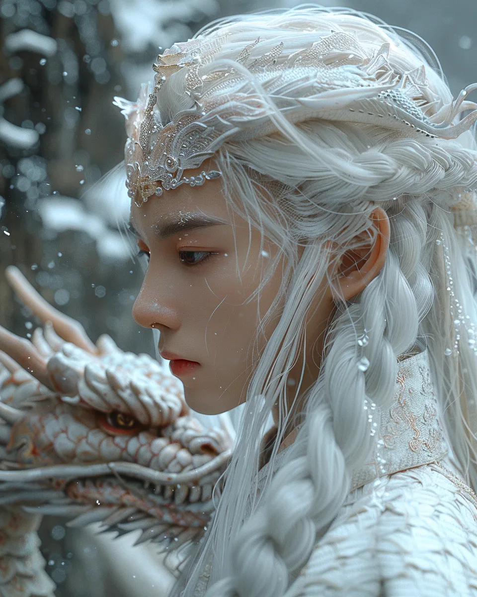 Midjourney prompt: a Chinese boy with white hair living in a cave