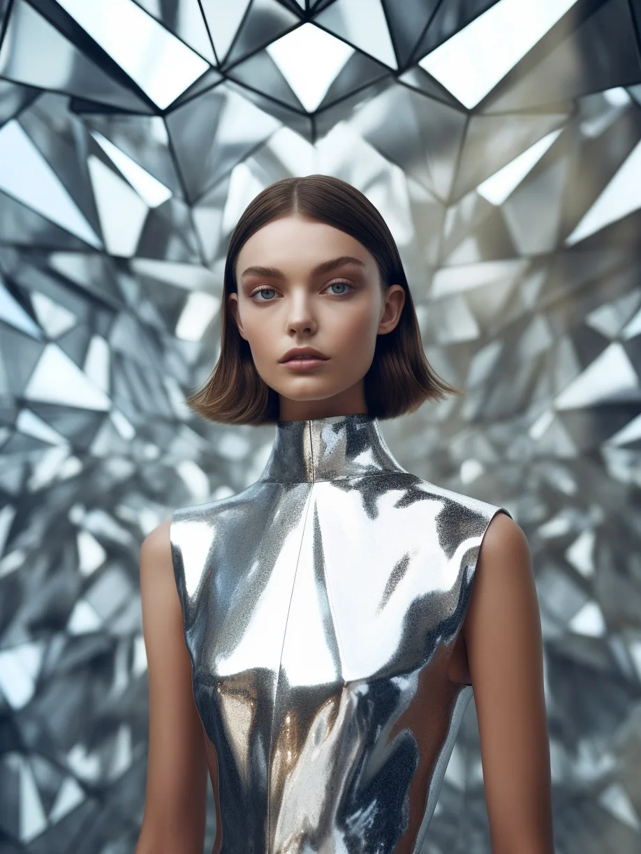 Midjourney prompt: a woman in a silver dress posing for a picture