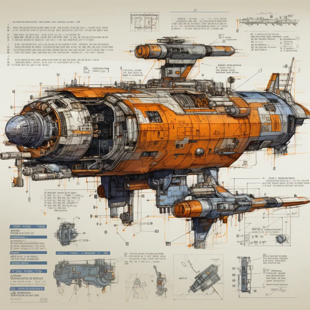 Midjourney prompt: sketches blueprint of futuristic sci-fi huge spacecraft