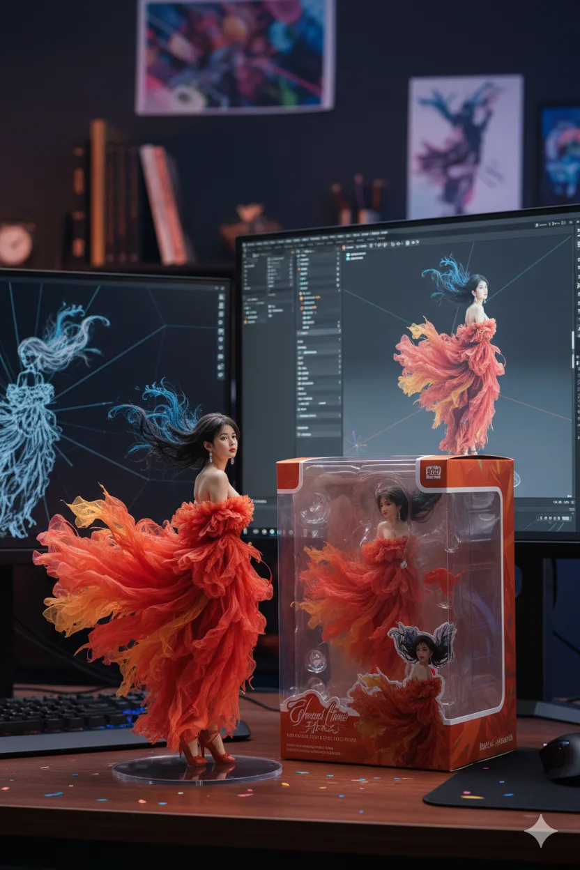 Nano Banana prompt: Transforming the photographed person into a realistic 3D figurine in front of a computer desk.