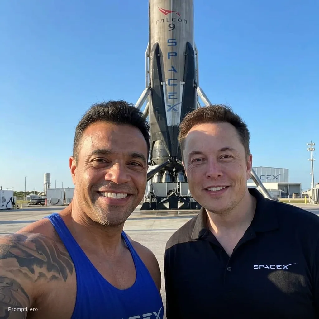 Nano Banana prompt: with Elon Musk in front of a SpaceX rocket