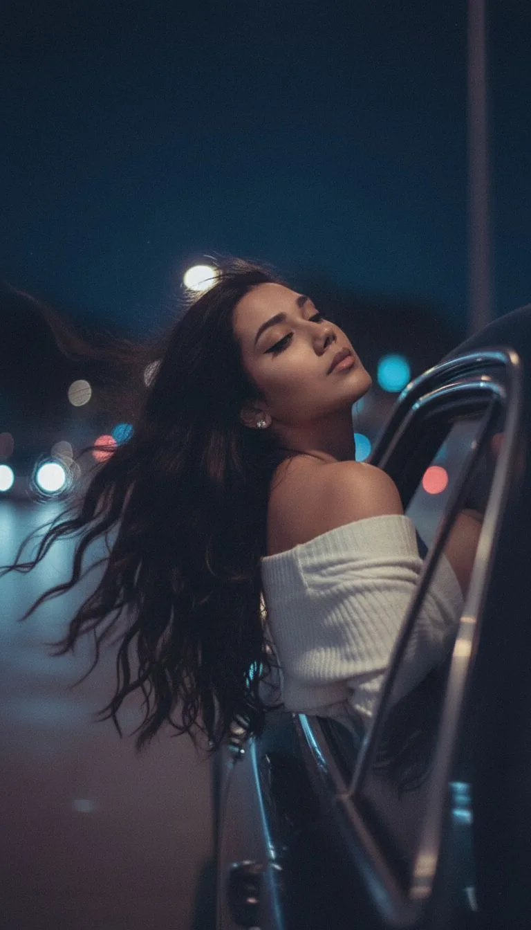 Nano Banana prompt: Create a photo of me leaning my back out the window car like a dark dreamy blurry vintage windy
