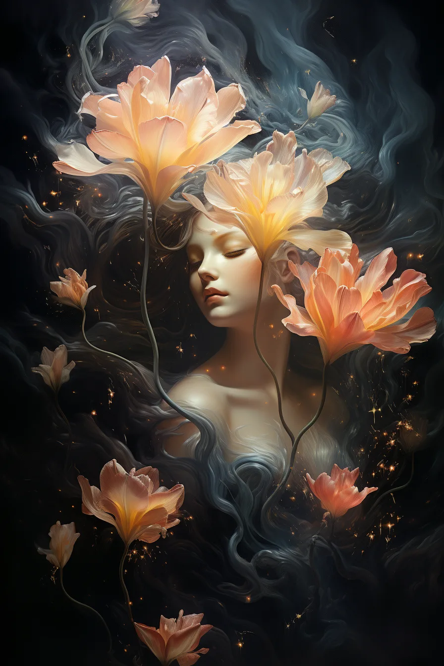 Midjourney prompt: soft woman with tulips opening in her hair