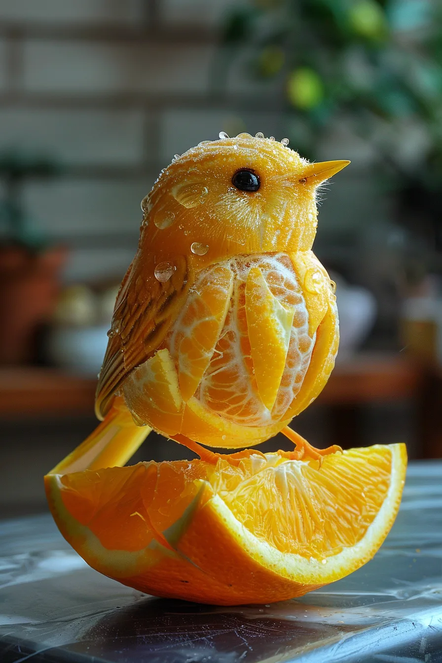 Midjourney prompt: a little bird made of a fresh orange that has been cut open