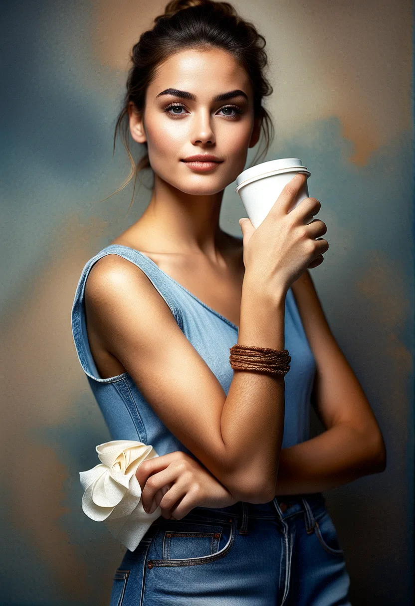 Stable Diffusion prompt: A photorealistic image of a woman in a stylish denim ensemble. She wears a sleeveless