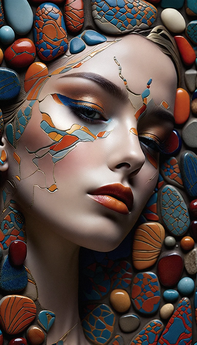 Stable Diffusion prompt: A close-up picture of a beautiful woman superimposed by  a collection of variously sized stones with intricate patterns and a range of colors including blues