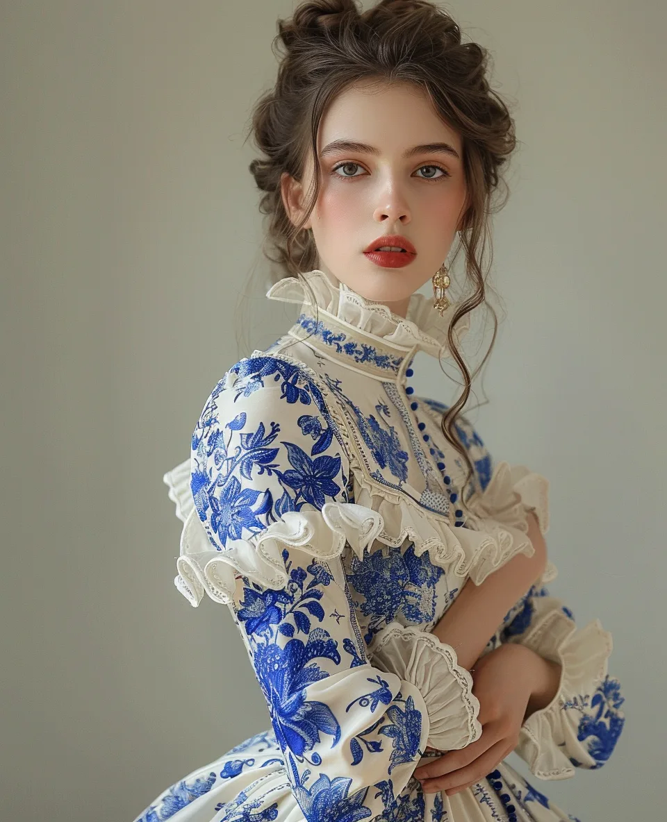 Midjourney prompt: woman dressed in a dress with blue and white prints