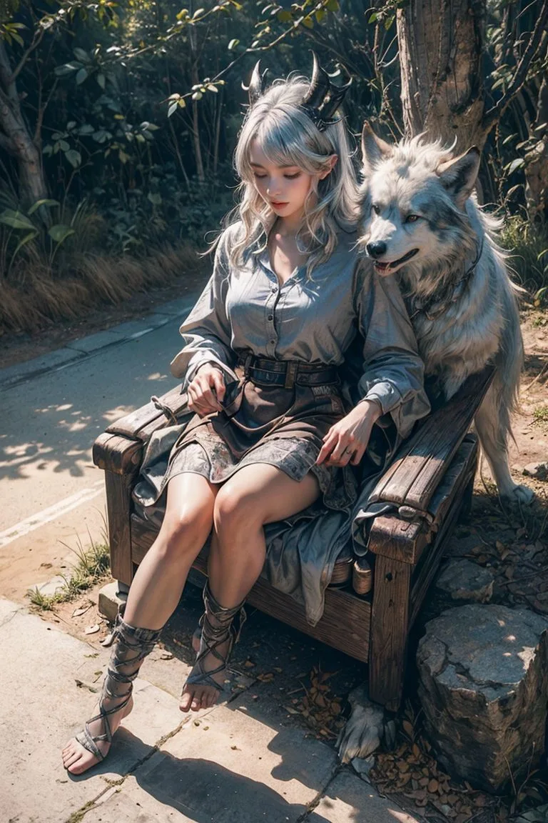 Stable Diffusion prompt: ( a cute silver-haired girl with real devil horns patting the wolf)