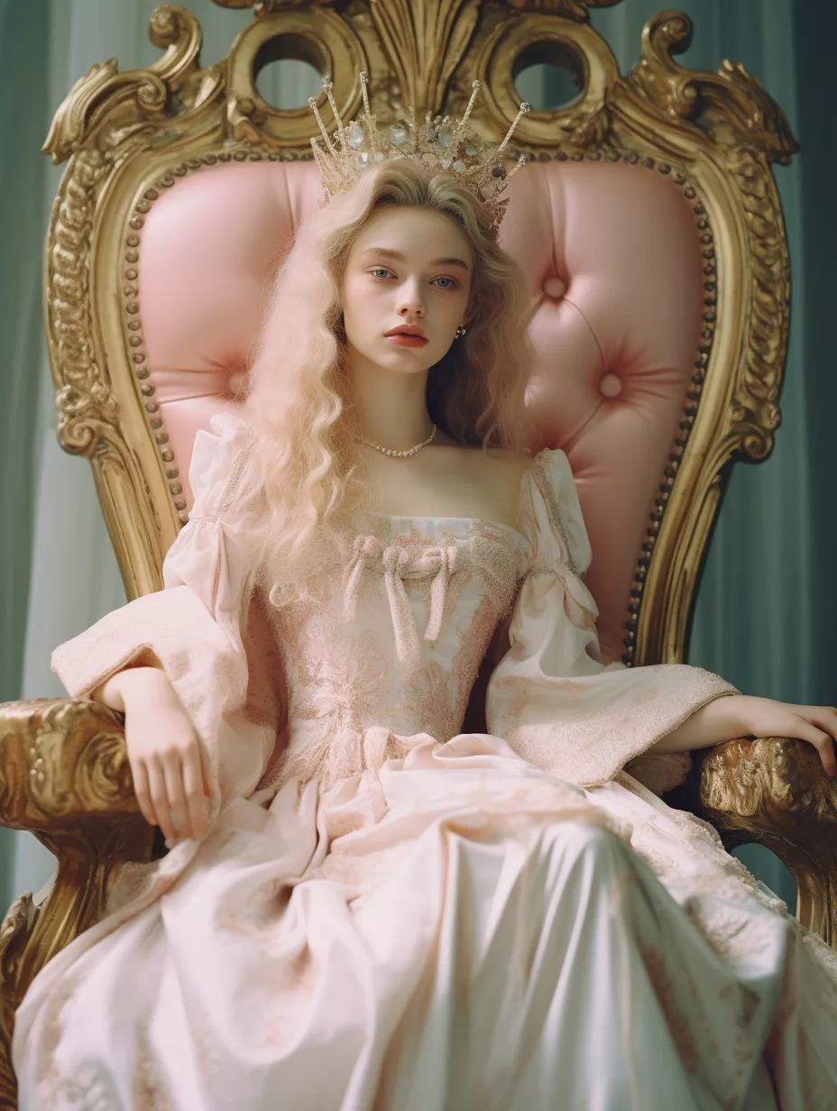 Midjourney prompt: Kodak disposable photography of young queen sit on her throne