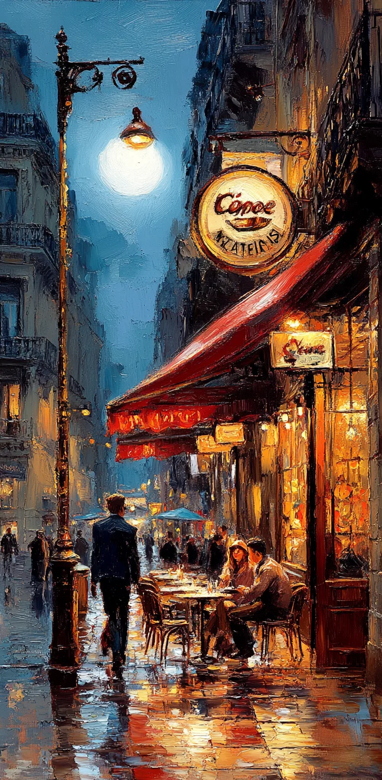 Midjourney prompt: oil painting of night street with cafe in the style of Sargent