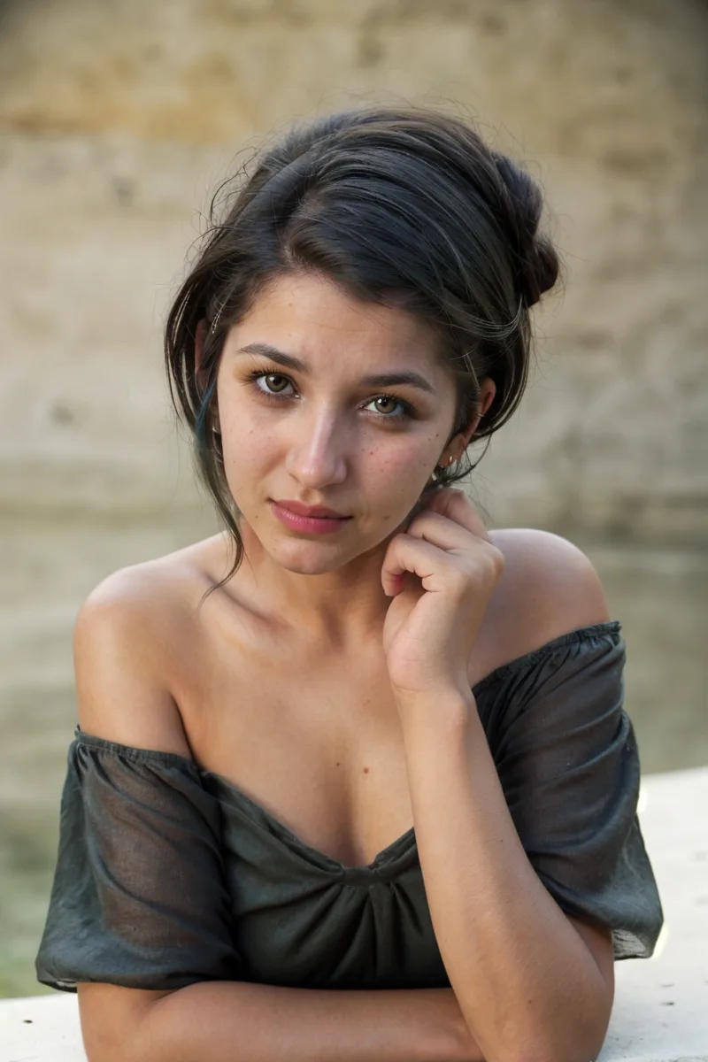 Stable Diffusion prompt: An image of a woman offering a sophisticated over-the-shoulder look towards the viewer. Her body is turned to the side