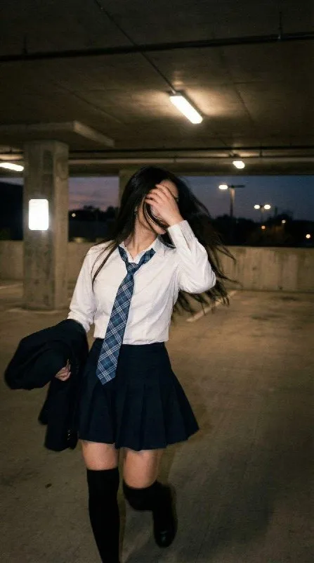 Candid portrait of a young woman in a dim parking garage, wearing a white shirt with