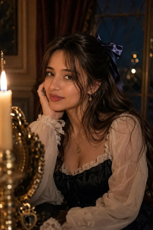 A highly detailed photorealistic cinematic portrait of a beautiful young woman seated indoors in an elegant