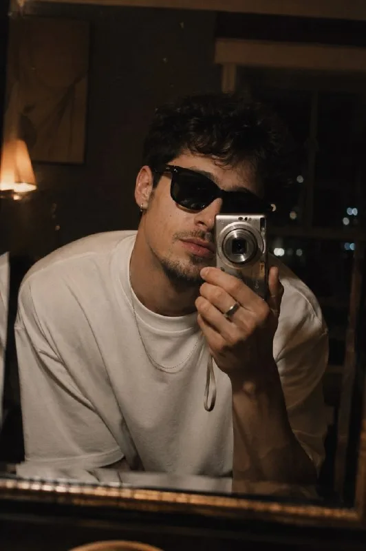A cinematic mirror selfie of a young man with curly black hair, wearing black sunglasses, a