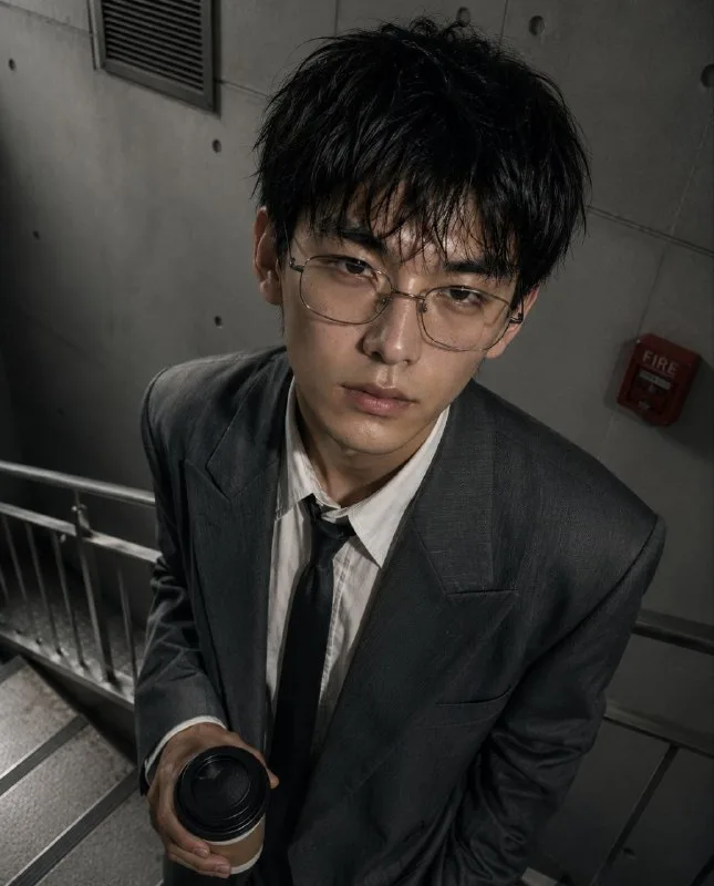 Fashion editorial portrait, androgynous male model, shot from high angle, looking slightly down and into camera,
