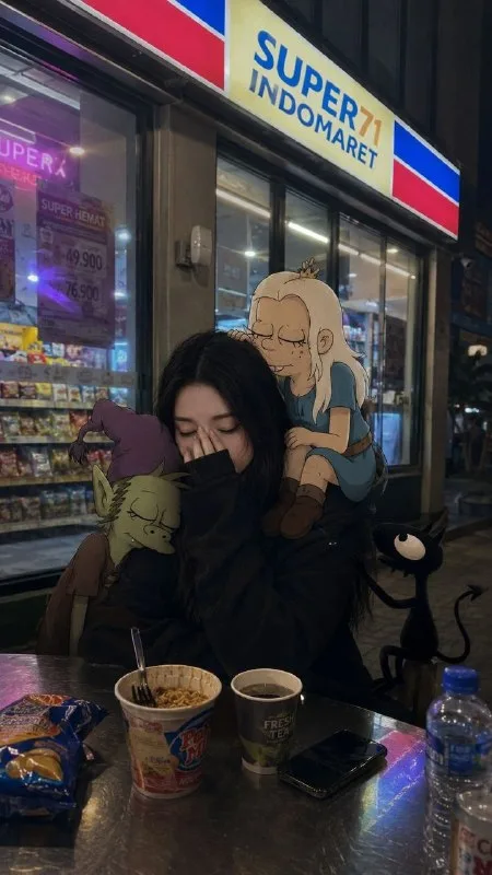 Photorealistic iPhone photo, vertical 9:16. My face sits alone at a silver metal table outside a