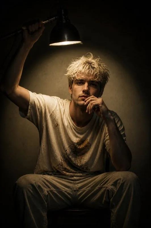 A low-key, straight-on medium-full shot features a young adult Caucasian man, possibly in his mid-20s, with