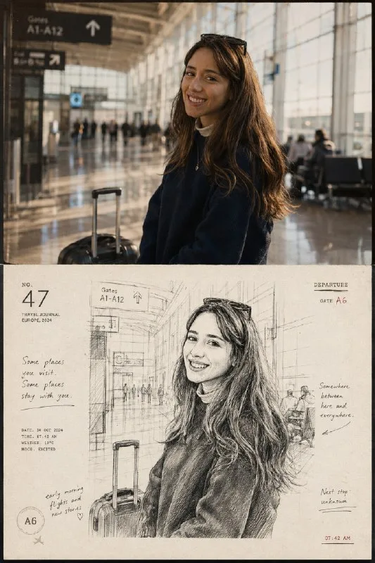 Create a nostalgic contemporary travel-journal artbook page based on the reference image. Preserve the exact same
